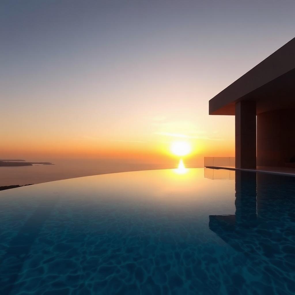 Piscina de luxo refletindo o pôr do sol